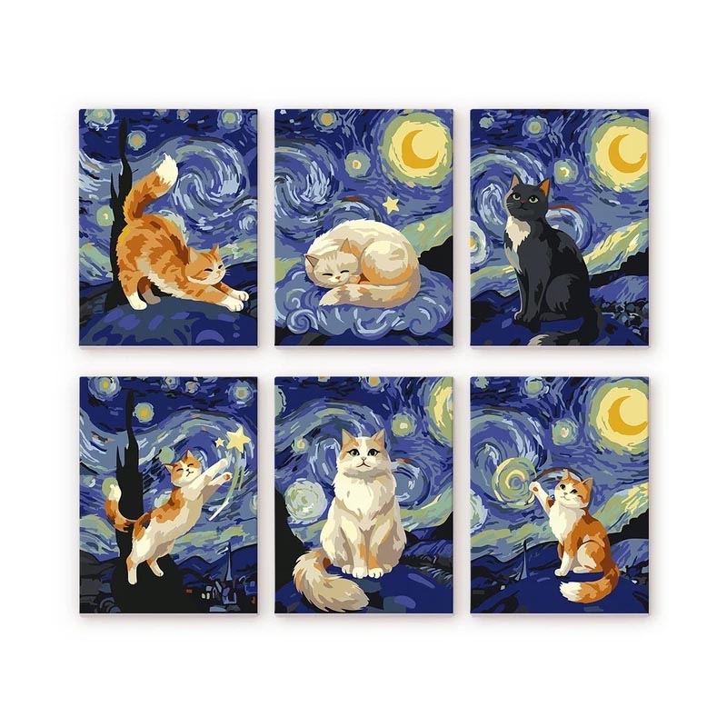 Mini Peinture par Numéros 15x20cm - 6 toiles - Chat Nuit étoilée – Image 2